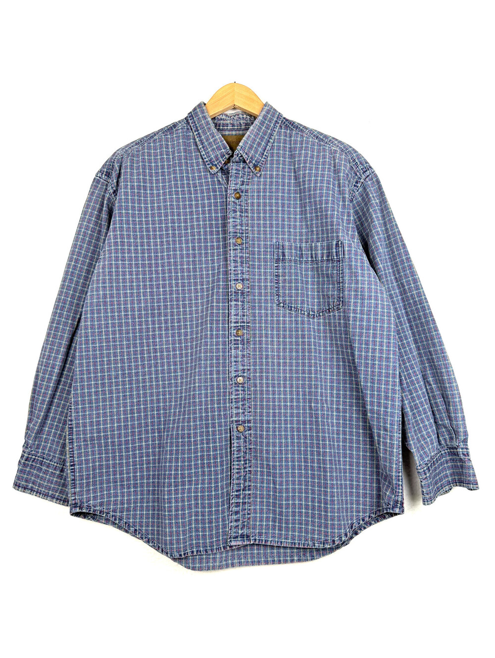Vintage St Johns Bay Large Blue Check Plaid Long Sleeve Button Down Shirt 90s